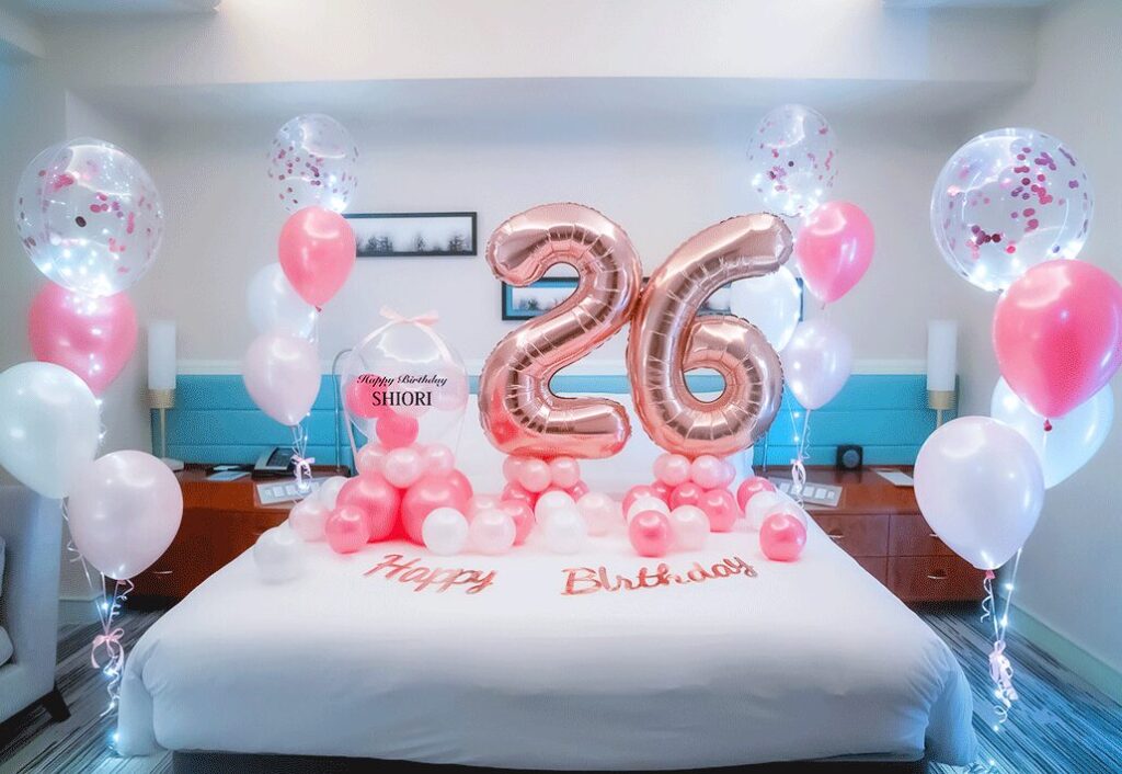 Clear balloons with ribbon and big number decorations