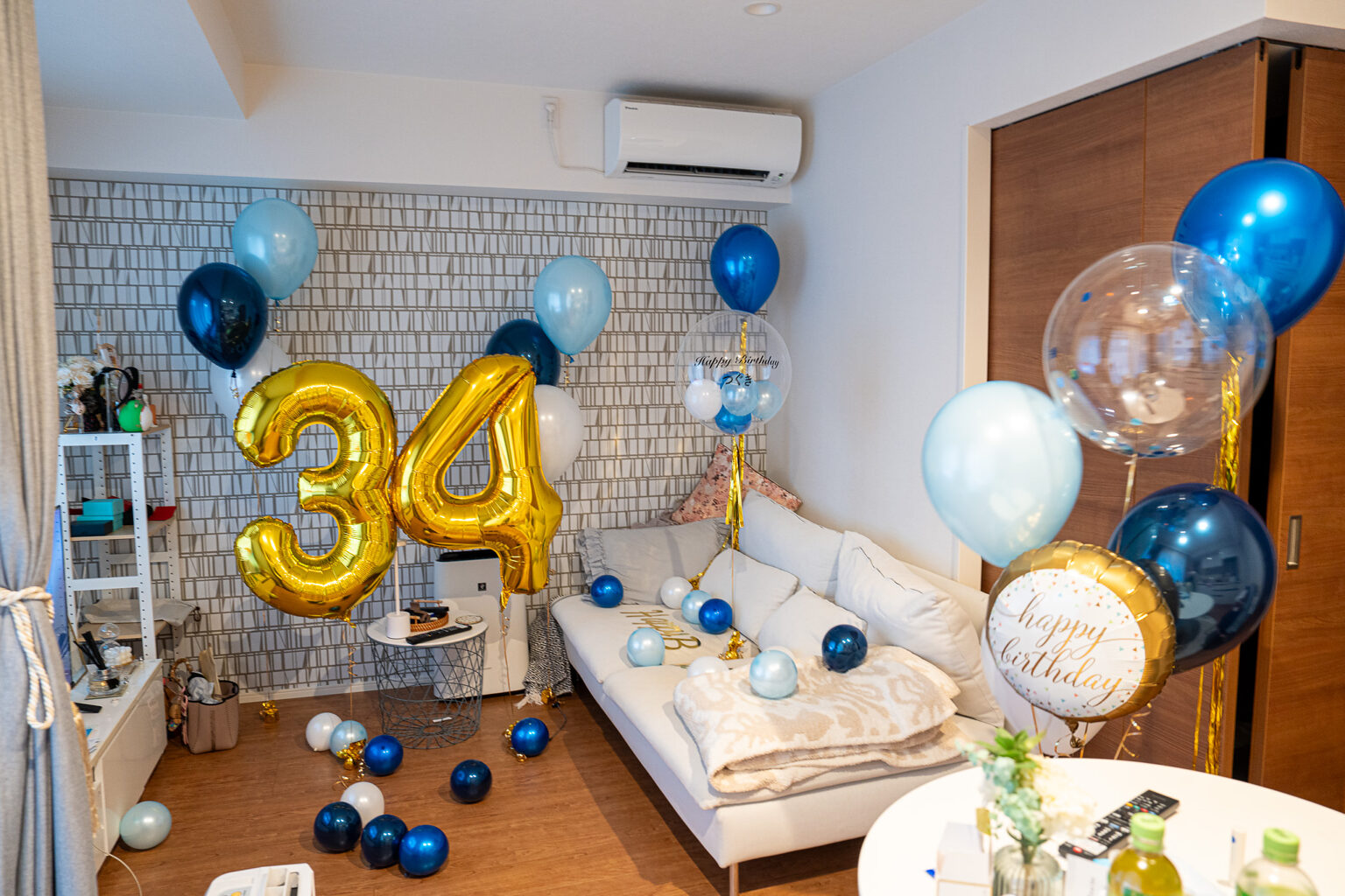 Surprise 34th Birthday Balloon Decoration in Navy and Blue at a Home in Tokyo