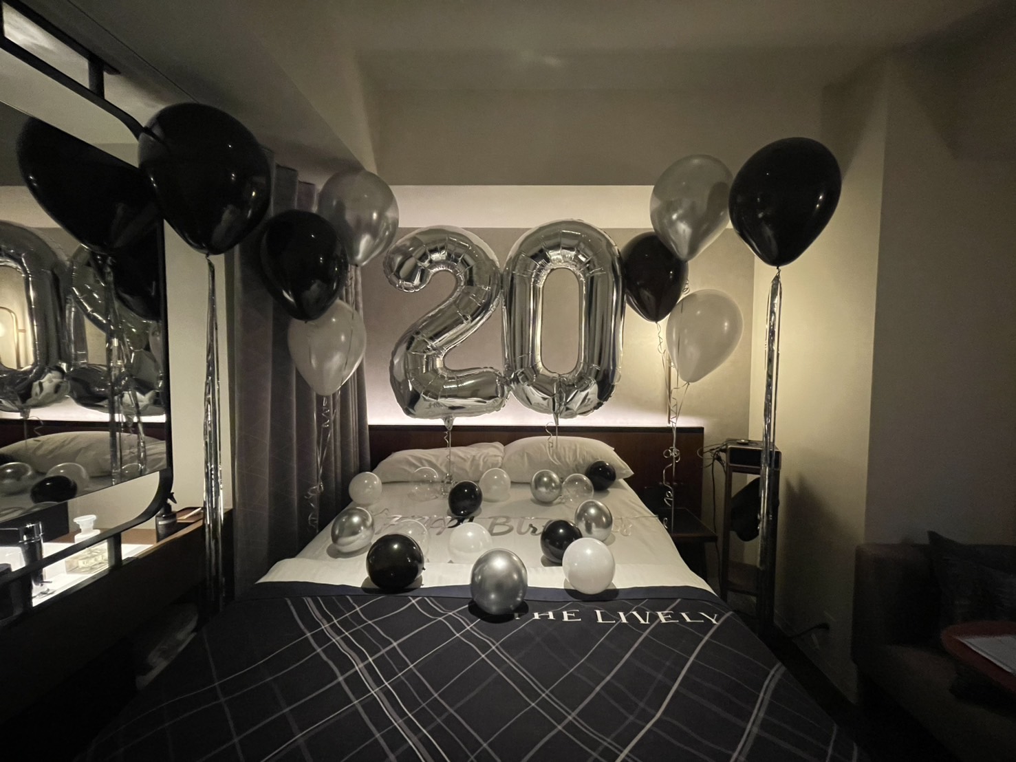 Birthday Surprise at a Hotel in Osaka: Black and Silver Balloon Decoration
