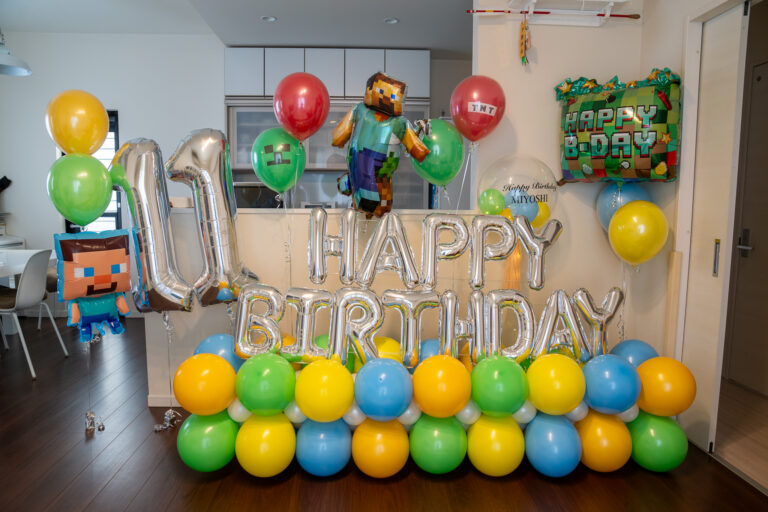 Minecraft-themed birthday surprise decorations
