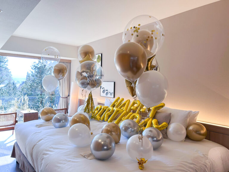 Birthday surprise decorations at Fufu Kawaguchiko, gold & silver luxury balloon decorations