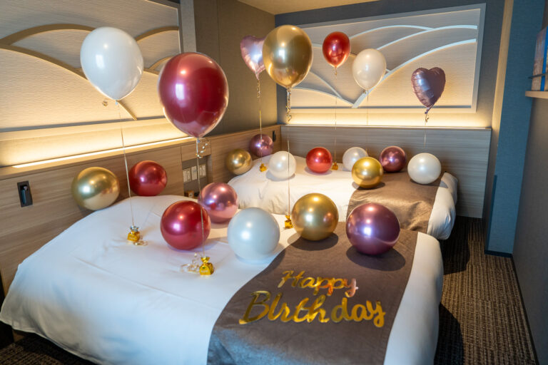 Birthday surprise decoration at La Vista Tokyo Bay, guest room decorated with gold & metallic balloons