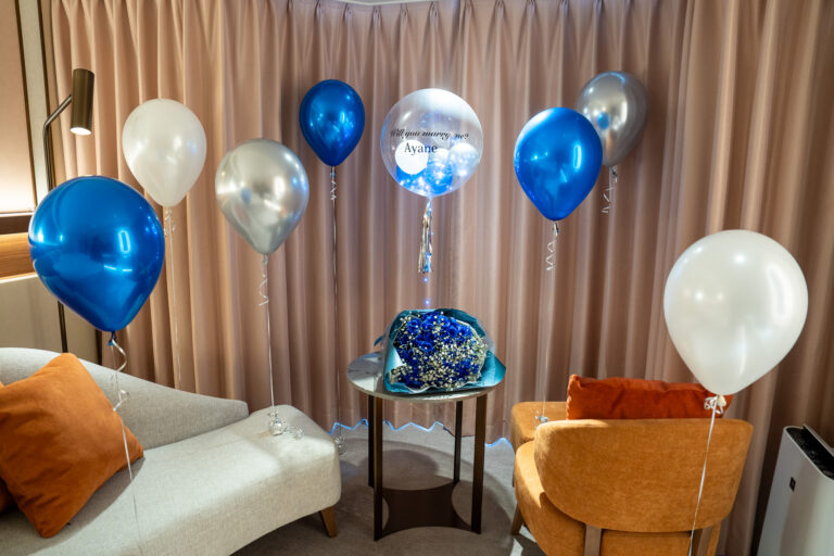 Surprise Proposal at Asakusa View Hotel: Blue & Silver Balloon Decoration