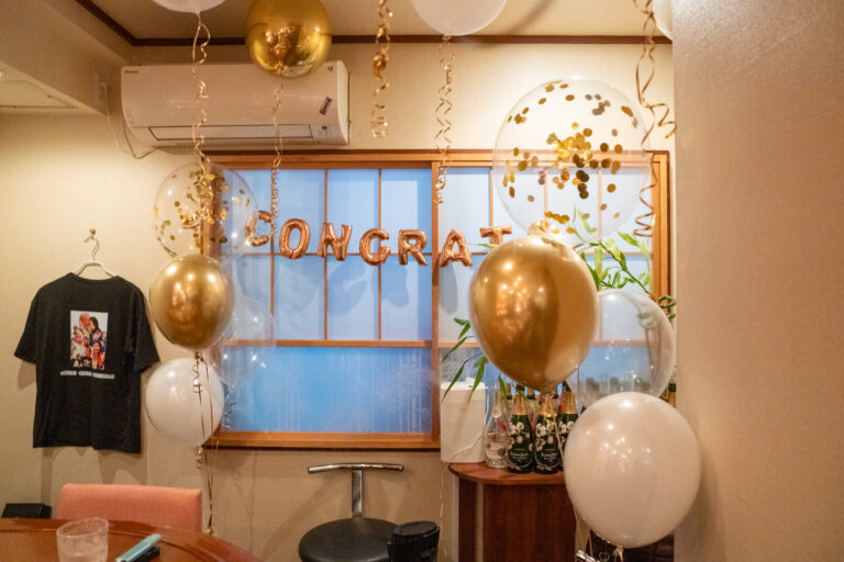 Celebration Balloon Decoration at 瑞小町: Gold & White CONGRATS Display