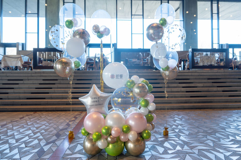 Gold & silver balloon birthday surprise decoration in the lobby of Tokyo Bunka Kaikan