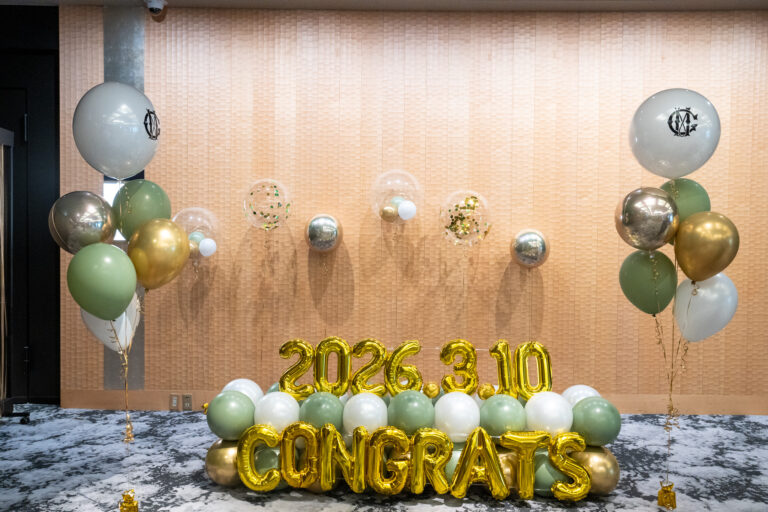 Graduation Celebration Balloon Decoration at Happo-en - Elegant Green & Gold Styling