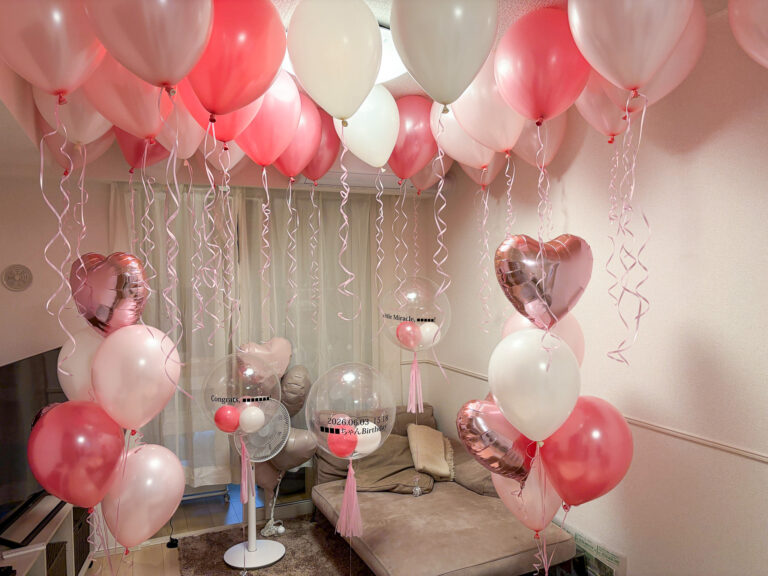 Baby Shower Celebration Balloon Decor: Gorgeous Pink & White Ceiling Display