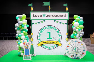 企業の周年お祝いパーティーのフォトスポット装飾