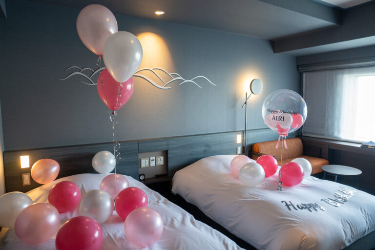 Birthday surprise decorations brightening up a guest room at La Vista Tokyo Bay